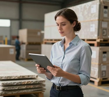 A professional woman in a high-end logistics facility, holding a tablet and overseeing stone slab crates. Professional and confident expression. International / Global.