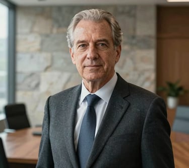 A professional portrait of a senior executive in a modern office with stone design elements in the background. They wear professional attire and project a look of reliability and experience. International / Global.