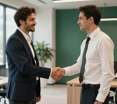 A professional B2B handshake between two executives in a modern office with off-white and dark green interior design.