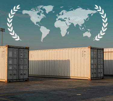 A wide shot of a logistics hub with off-white cargo containers and a dark teal sky at dusk, symbolizing global reach.
