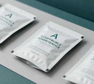 A clean, clinical photograph of eco-friendly personal hygiene product packaging on a light grey surface with dark teal accents.