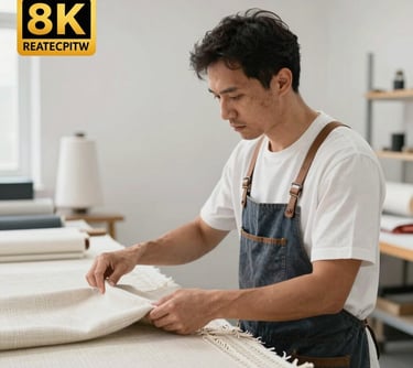 A professional photo of a textile expert inspecting high-quality fabrics in a bright, off-white studio. The lighting is clean and professional.