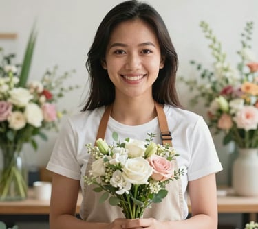 A professional portrait of a female floral designer in her 30s, smiling warmly, holding a small bouquet. Southeast Asian / Indonesian context, soft natural lighting, background of a clean floral studio.