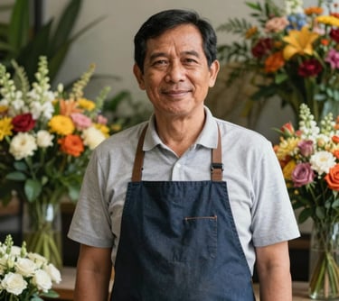 A professional portrait of a male senior florist in his 40s with a welcoming expression, standing in front of colorful flower arrangements. Southeast Asian / Indonesian context, professional photography.
