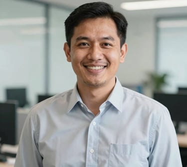 A professional portrait of a male logistics expert in his 30s, wearing clean professional attire, smiling warmly in a bright office setting. Southeast Asian / Indonesian context, soft lighting, professional headshot.