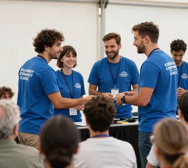 A group of cheerful volunteers in matching steel blue shirts helping at a community concert. They are interacting with a diverse group of attendees in a bright, pale off-white outdoor setting.