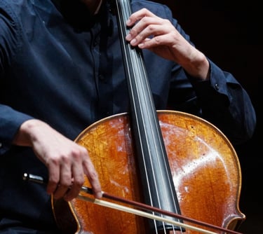 A close-up of a professional cellist’s hands during a performance. The lighting is elegant and dramatic, emphasizing the texture of the instrument and the precision of the musician, with steel blue and dark navy blue tones.