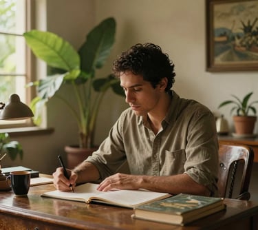 Portrait of a man writing at an antique desk in a room filled with plants and natural light. South American / Brazilian architecture style. He looks thoughtful and focused. The lighting is soft and golden.