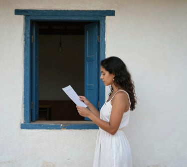 Photography of a woman standing near a window in a South American colonial-style house. She is looking at a handwritten sheet of paper. The composition is clean and minimalist, with soft shadows and a peaceful mood.