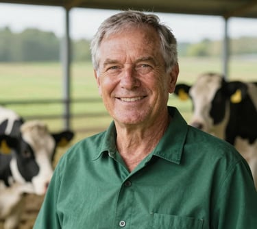 A professional portrait of a senior male dairy technology expert in a green collared shirt, smiling warmly, with a clean farm background. Mood is trustworthy and professional.
