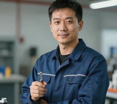 A portrait of a male technical engineer in a professional work uniform, holding a small tool, looking confident. Lighting is clean, highlighting expertise and reliability.