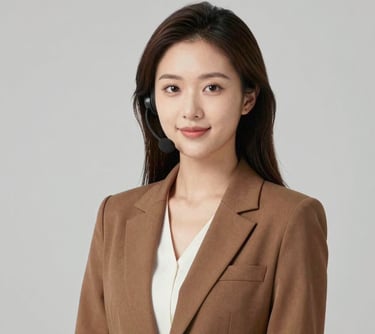 A portrait of a young professional woman in a brown blazer, representing the customer service lead. She looks approachable and sophisticated. Neutral background with soft lighting.