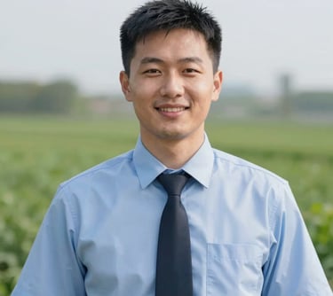A portrait of a friendly male field agent in semi-formal attire, representing the sales and farm consultation team. Professional and approachable vibe.