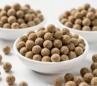 Studio photography of high-protein fish feed pellets (Pakan Mandiri) in a clean white bowl, showcasing both floating and sinking types in a professional, organized presentation.