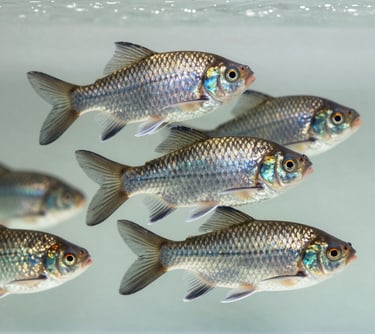 Photography of several high-quality Oreochromis niloticus (Nila fish) swimming in clear water, showing vibrant silver and dark scales, clean composition, studio-like lighting for detail.