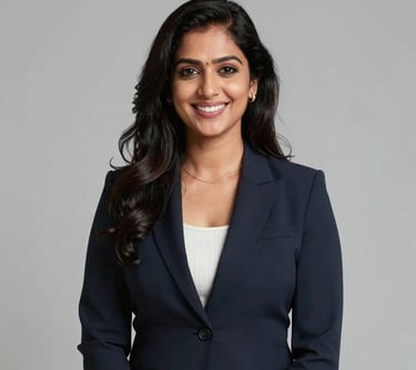 Professional studio portrait of a South Asian female event planner in elegant formal wear, smiling warmly, solid light grey background.