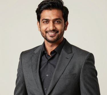 Professional studio portrait of a sophisticated South Asian male professional in a sharp charcoal suit, smiling confidently, neutral off-white background.