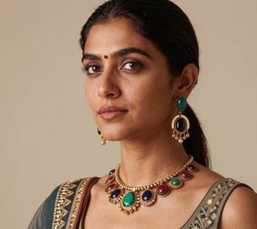 Professional studio portrait of a South Asian female designer with a creative look, wearing stylish accessories, neutral beige background.