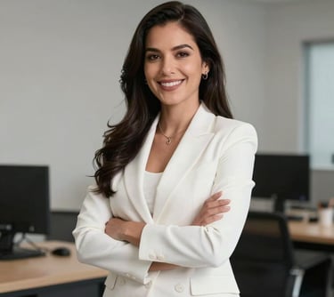 A portrait of a confident woman in a professional white outfit, smiling in a clean and minimal workspace. South American / Mexican context.