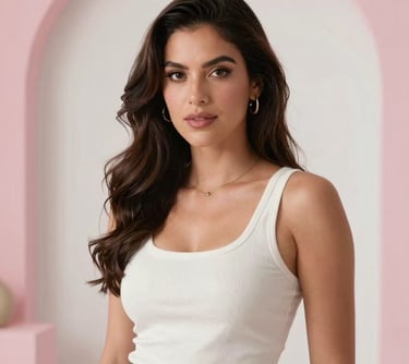 A professional portrait of a woman with an elegant, modern look, standing in a bright studio with soft pink accents. South American / Mexican context.