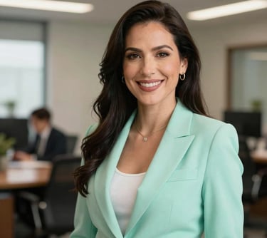 A professional portrait of a woman in a stylish mint green blazer, smiling warmly in a bright office. South American / Mexican context.