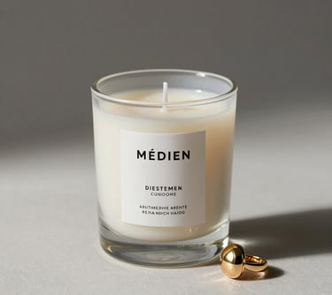 Minimalist photography of a premium scented candle and a golden jewelry piece. Clean, elegant layout with soft shadows.