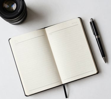 Top-down photography of a stylish personal planner and a designer pen on a white desk. Minimalist and professional style.