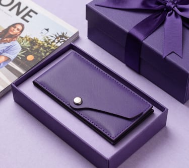 Photography of an elegant gift arrangement including a lifestyle magazine and a minimalist leather accessory. Clean composition with deep purple and light lilac highlights.