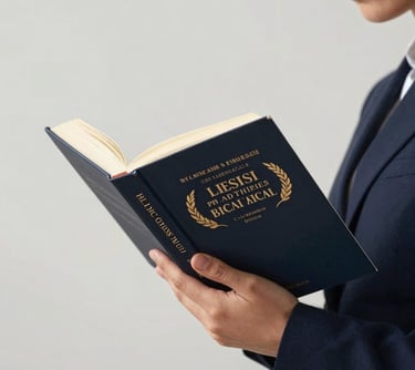 A focused shot of a person reading a classic financial book in a brightly lit, minimal library with Dark Navy and Soft Cloud accents.
