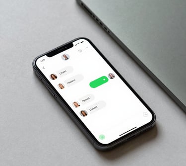 A close-up of a smartphone screen showing a professional chat interface with a green notification dot, resting on a Soft Cloud surface next to a Muted Sage notebook.