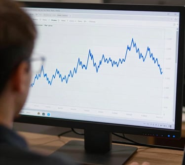 An over-the-shoulder shot of a person analyzing a clean, minimal stock chart with a Steel Blue line on a high-resolution desktop monitor.