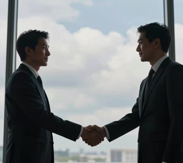 A professional setting where two business people are shaking hands in front of a large window, silhouettes against a Soft Cloud sky, symbolizing trust.