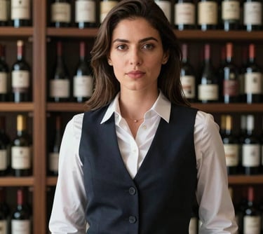 Portrait of a professional woman in a sophisticated dark vest, standing in front of a wine cellar, elegant and professional, South American context.
