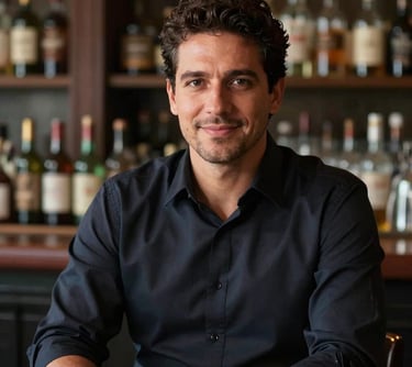 Portrait of a professional man in an elegant dark shirt, smiling subtly in a refined bar setting, soft lighting, South American context.