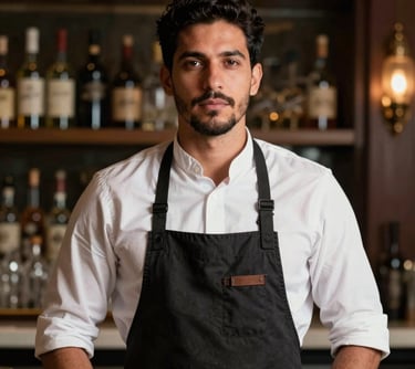 Portrait of a man in a professional bartender uniform (apron and shirt), looking focused and refined, in a sophisticated bar environment, South American context.