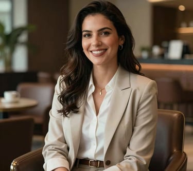Portrait of a professional woman with a welcoming expression, dressed in business casual attire in a luxury lounge, South American context.