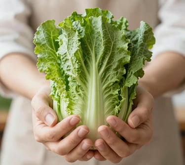 Close-up of hands holding a fresh, vibrant green vegetable, symbolizing sustainability and food autonomy, high-key lighting, soft and feminine style.