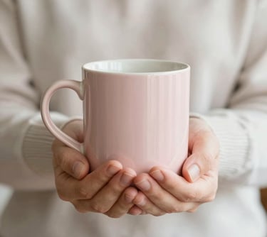 A pair of hands cupping a warm ceramic mug in a gesture of comfort and welcome, soft lighting, incorporating #E4C8CB and #F8F5EF tones.