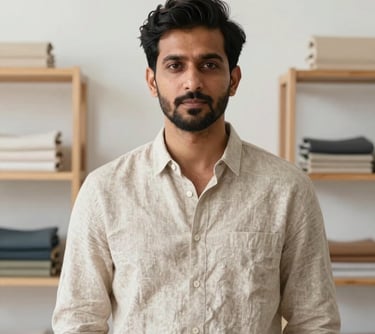 Portrait of a man in a minimal beige linen shirt, standing in a bright design studio. The background features light wood shelves and fabric swatches. South Asian with European influence.