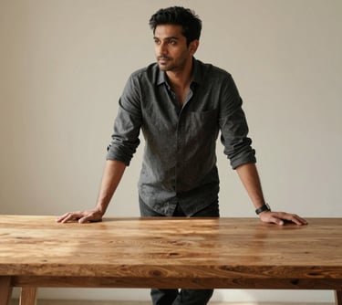 Portrait of a man in a dark grey shirt, leaning against a large oak table in a sunlit room. The composition is minimal and modern. South Asian with European influence.