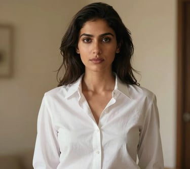Portrait of a woman with a confident expression, wearing a modern white blouse. She is standing in a room with warm beige walls and soft shadows. South Asian with European influence.