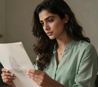 Portrait of a woman in a muted green outfit, looking thoughtfully at a sketch. The lighting is soft and directional, typical of a high-end editorial. South Asian with European influence.