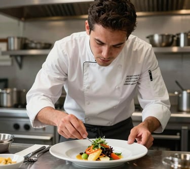 Portrait of a focused chef working in a modern Brazilian kitchen, plating a colorful dish with precision. The lighting is bright and clean, showing expertise and dedication.