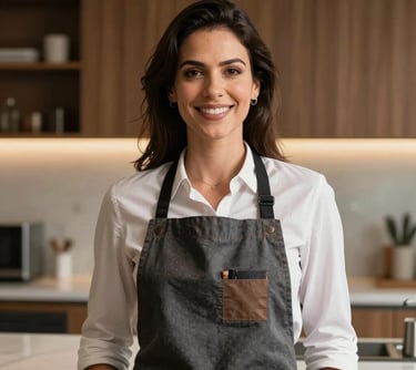 Portrait of a professional woman with a welcoming expression, wearing a stylish apron in a warm-toned office-kitchen environment in Brazil. Soft lighting, sophisticated atmosphere.