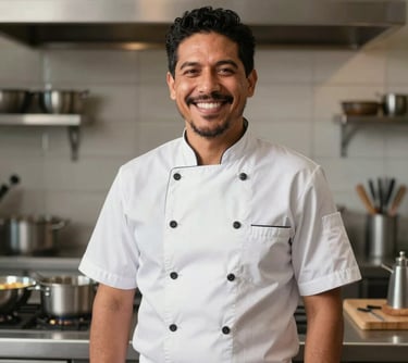 Portrait of a smiling professional man in a clean, modern kitchen uniform, standing in a brightly lit South American culinary studio. The composition is a medium shot, professional and friendly.