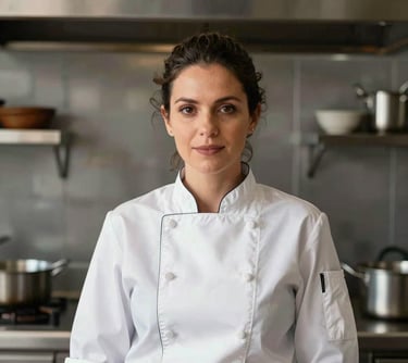 Portrait of a professional female chef with a focused and friendly gaze, dressed in white chef whites, standing in a high-end kitchen with stainless steel and wooden accents in Brazil.