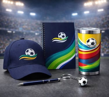 Kit promocional mundialista con gorra, vaso, libreta y llavero personalizado