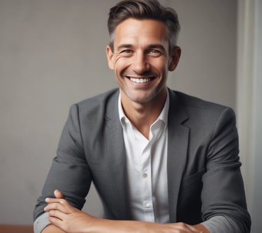 Portrait of a happy woman smiling confidently in a cozy home office setting.