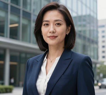 A professional headshot of a female executive in a navy blue blazer, standing against a blurred background of a modern glass office building in the US. Her expression is authoritative and professional.