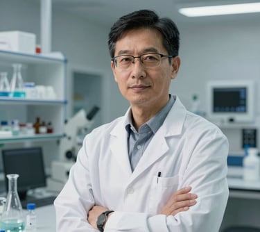Professional portrait of a biotechnology expert in a light-filled modern laboratory setting in North America, wearing professional attire and looking toward the camera with confidence.